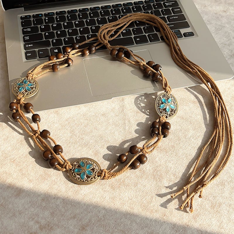 Liemens grandinė – bohemiškas retro etninio stiliaus, korėjietiška versija, tinklinis medžiaga, automatinis užsegimas, rankų darbo karoliukai, pavasaris 2025