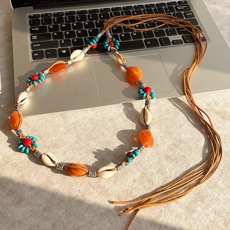 Liemens grandinė – bohemiškas retro etninio stiliaus, korėjietiška versija, tinklinis medžiaga, automatinis užsegimas, rankų darbo karoliukai, pavasaris 2025