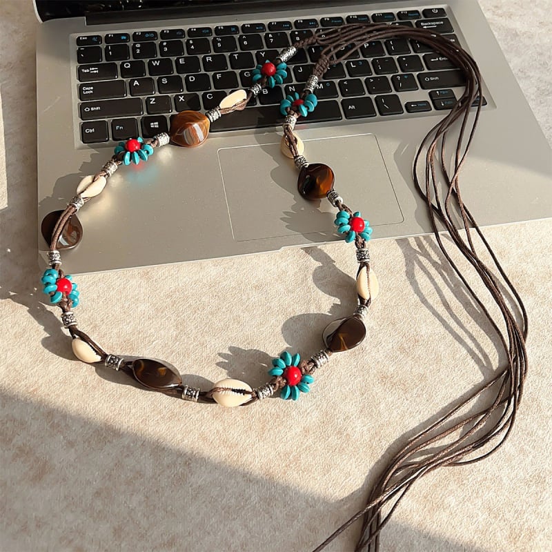 Liemens grandinė – bohemiškas retro etninio stiliaus, korėjietiška versija, tinklinis medžiaga, automatinis užsegimas, rankų darbo karoliukai, pavasaris 2025