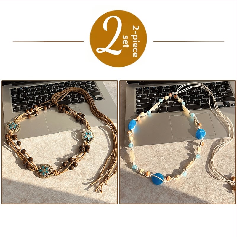 Liemens grandinė – bohemiškas retro etninio stiliaus, korėjietiška versija, tinklinis medžiaga, automatinis užsegimas, rankų darbo karoliukai, pavasaris 2025