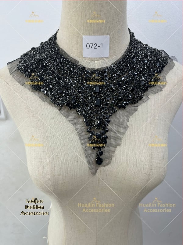 Απλίκα για λαιμό με κεντήματα από χάντρες και κρύσταλλα - Βαρύ χειροποίητο κέντημα, DIY αξεσουάρ για νυφικά και χορευτικά φορέματα