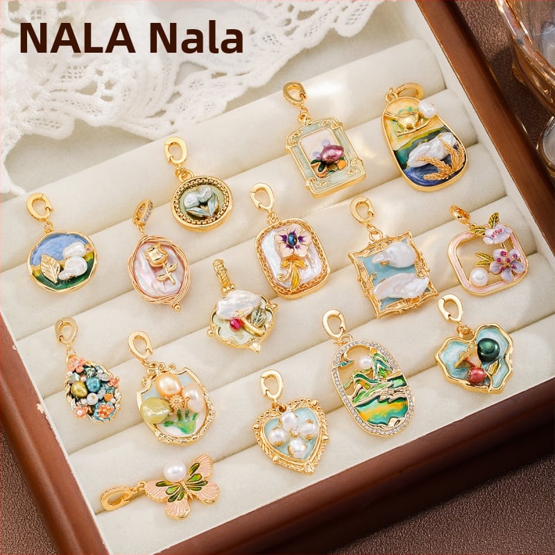 Nala perlų vėrinių pakabukas su dažytu emalu ir alyvos lašų efektu, geometrinė forma