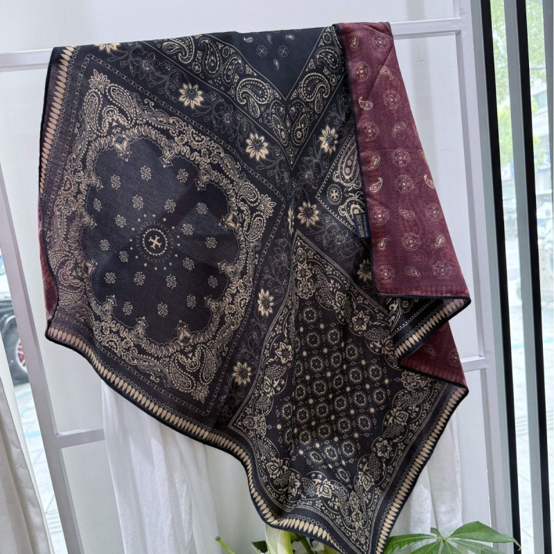 Ženski dvostrani kvadratni šal od svile i vuna, warp-knit, lagani luksuzni stil, otisak