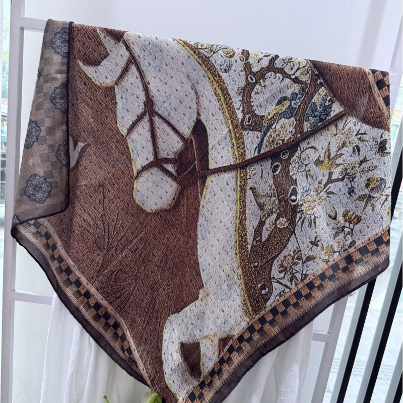 Ženski dvostrani kvadratni šal od svile i vuna, warp-knit, lagani luksuzni stil, otisak