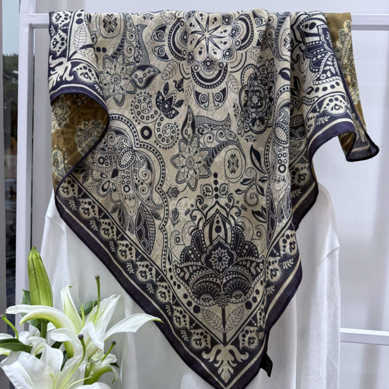 Ženski dvostrani kvadratni šal od svile i vuna, warp-knit, lagani luksuzni stil, otisak