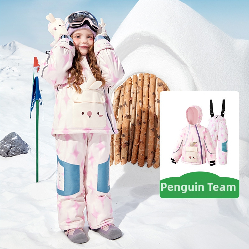 KK Tree Vaikų slidinėjimo komplektas – šiltas unisex džaketė ir kelnių komplektas, gyvūnų karikatūrų raštas, vandeniui atsparus 5000mm, poliesterio audinys, gobtuvas, Žiema 2025