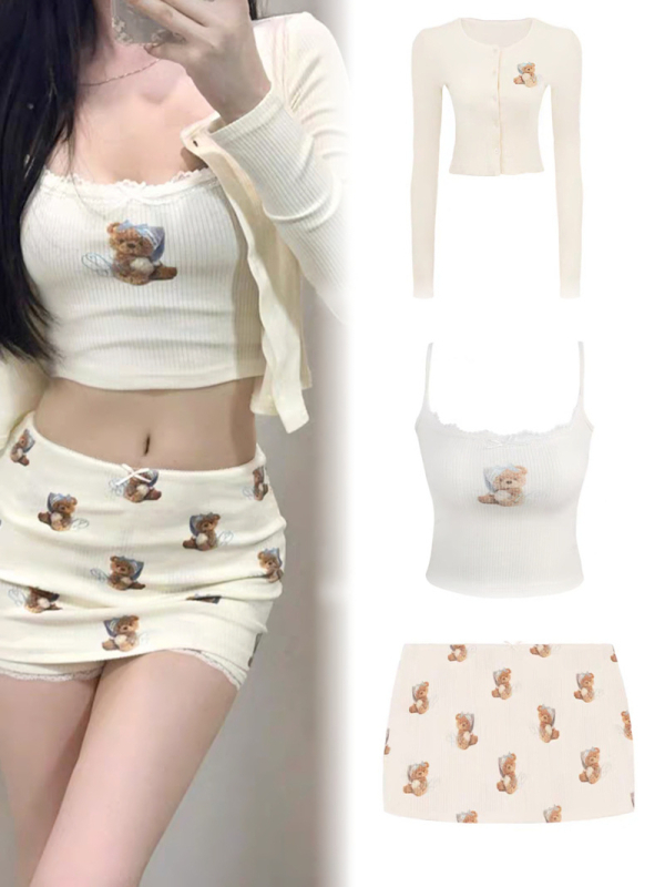 Lányoknak szóló pizsama pántos, Cartoon mintával, vékony anyag, U-alakú gallér — Nyár 2025