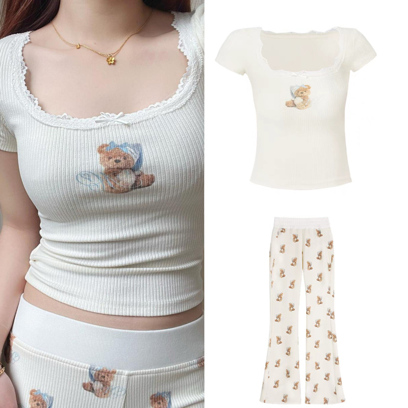 Lányoknak szóló pizsama pántos, Cartoon mintával, vékony anyag, U-alakú gallér — Nyár 2025