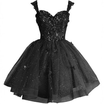 Вечерна рокля с открити рамене и тюл с блясък, презрамки, 3D мотив пеперуда и пайети, без ръкави, талия средна, полиестер