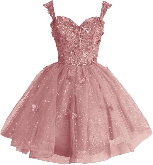 Вечерна рокля с открити рамене и тюл с блясък, презрамки, 3D мотив пеперуда и пайети, без ръкави, талия средна, полиестер