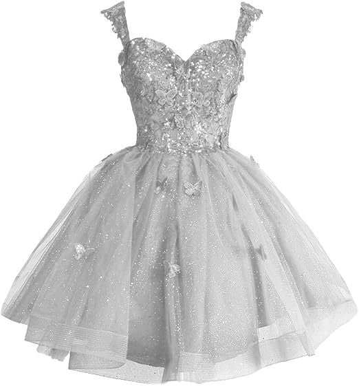 Вечерна рокля с открити рамене и тюл с блясък, презрамки, 3D мотив пеперуда и пайети, без ръкави, талия средна, полиестер