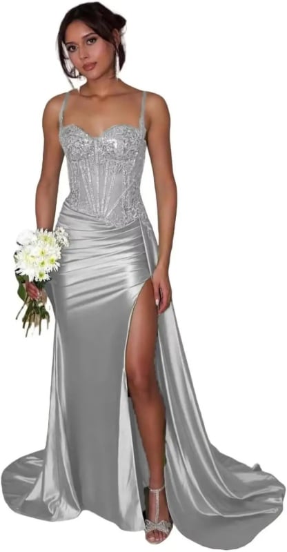 Večernja haljina balon siluete, bez naramenica, duga, s otvorenim leđima, s malim šlepom