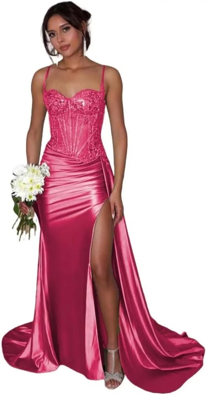 Večernja haljina balon siluete, bez naramenica, duga, s otvorenim leđima, s malim šlepom