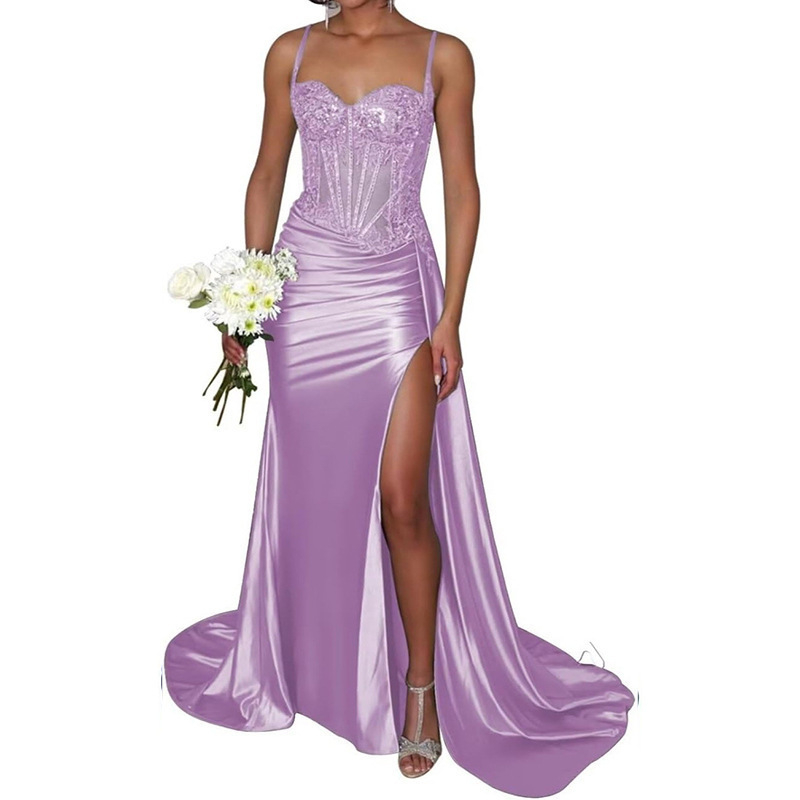 Večernja haljina balon siluete, bez naramenica, duga, s otvorenim leđima, s malim šlepom