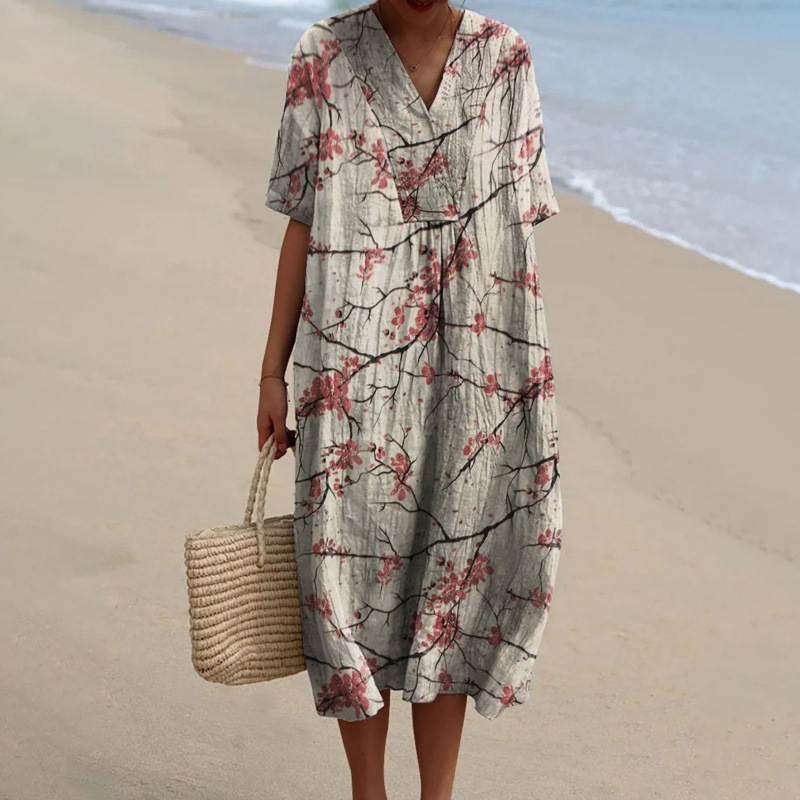 Trükitud polüestrist kleit särk krae, pikkade varrukatega ja pika seelikuga