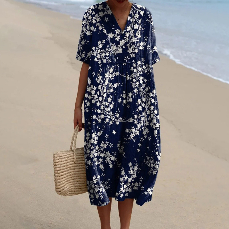 Trükitud polüestrist kleit särk krae, pikkade varrukatega ja pika seelikuga