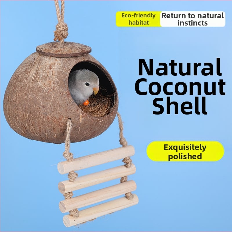 Kokoso lukšto paukščių lizdas papūgai su tigrinės odos motyvu ir mistiniu fenikso ornamentu – pyninėta šilta lizda