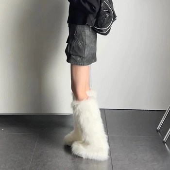 Ženske pahuljaste zimske čizme, visok vrh, umjetna krzna, gumeni potplat