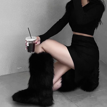 Ženske pahuljaste zimske čizme, visok vrh, umjetna krzna, gumeni potplat