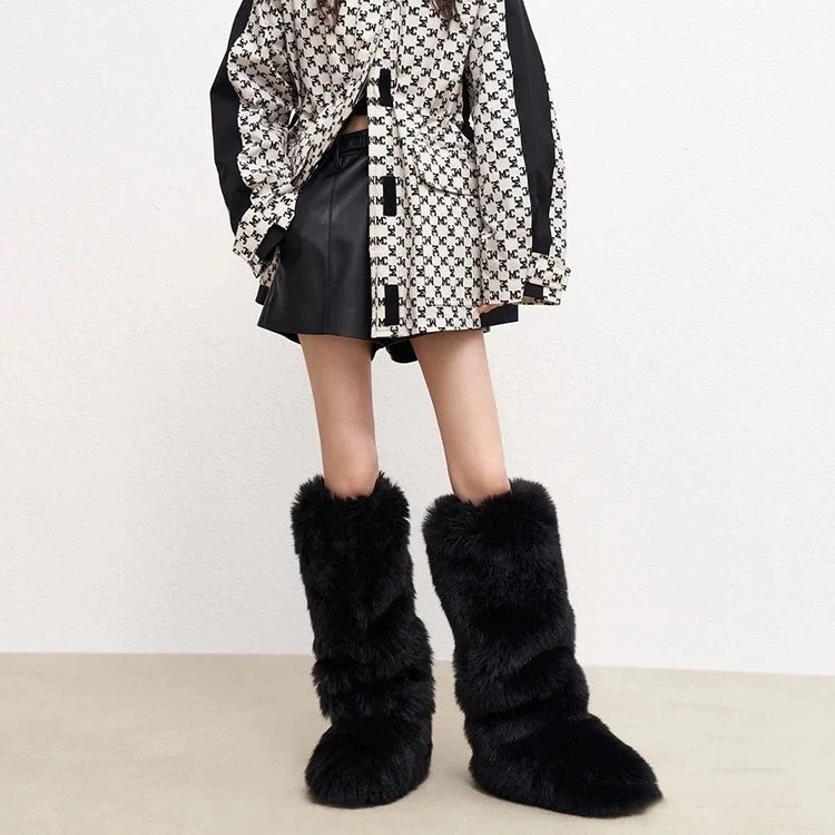 Ženske pahuljaste zimske čizme, visok vrh, umjetna krzna, gumeni potplat