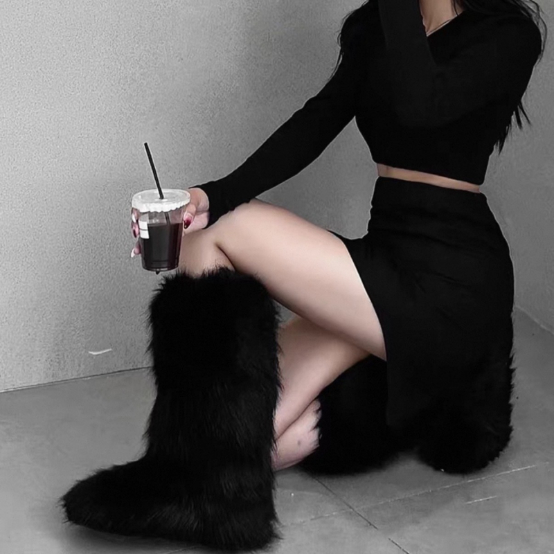 Ženske pahuljaste zimske čizme, visok vrh, umjetna krzna, gumeni potplat