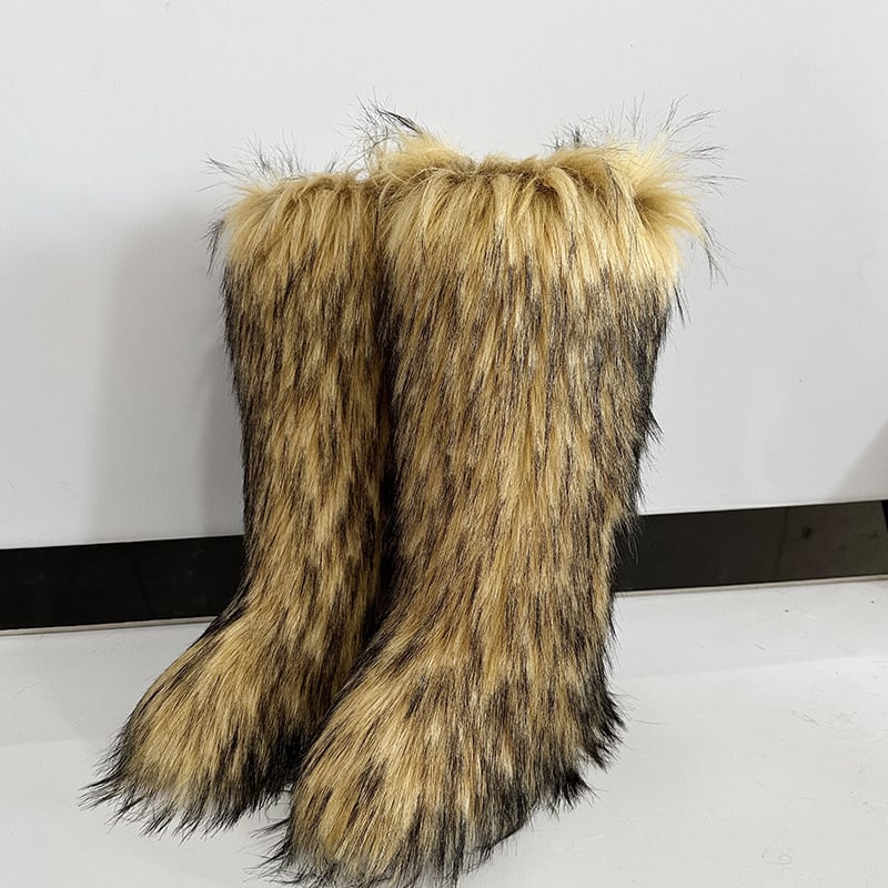 Ženske pahuljaste zimske čizme, visok vrh, umjetna krzna, gumeni potplat