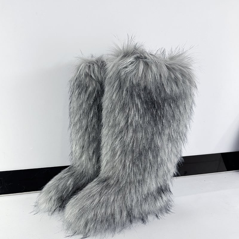 Ženske pahuljaste zimske čizme, visok vrh, umjetna krzna, gumeni potplat