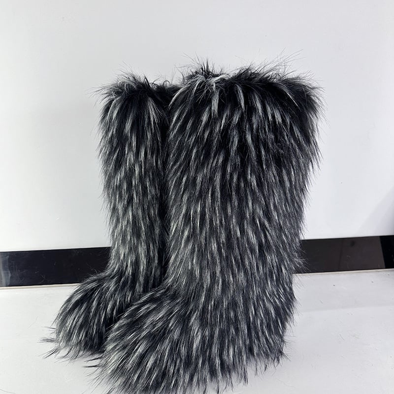 Ženske pahuljaste zimske čizme, visok vrh, umjetna krzna, gumeni potplat