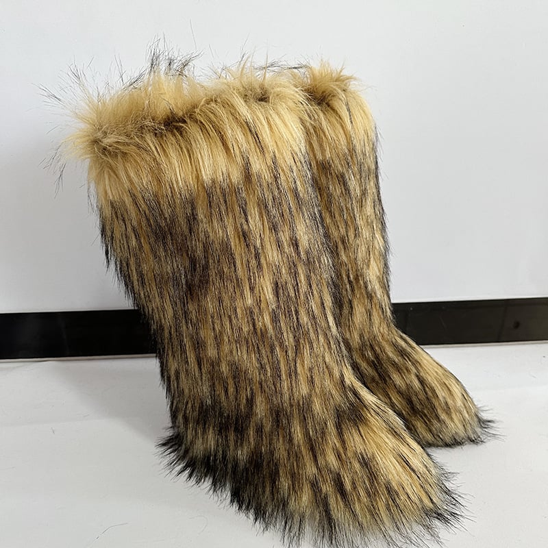 Ženske pahuljaste zimske čizme, visok vrh, umjetna krzna, gumeni potplat