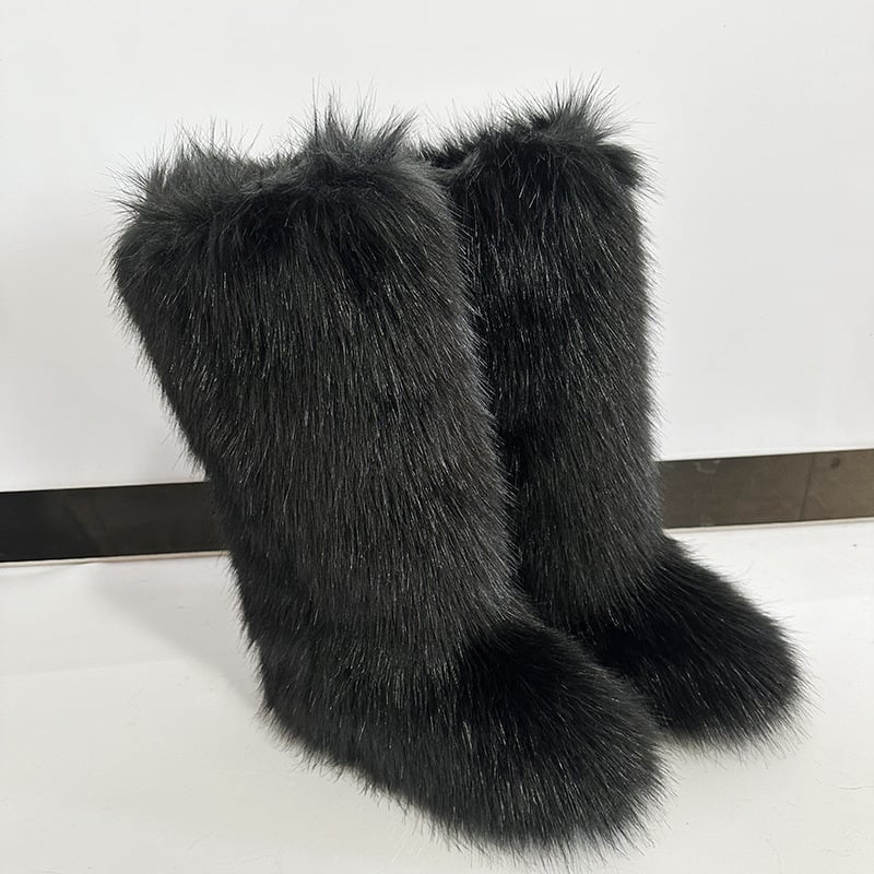 Ženske pahuljaste zimske čizme, visok vrh, umjetna krzna, gumeni potplat