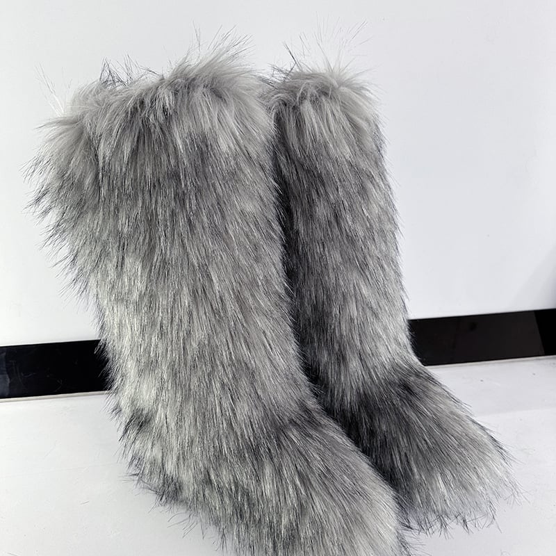 Ženske pahuljaste zimske čizme, visok vrh, umjetna krzna, gumeni potplat