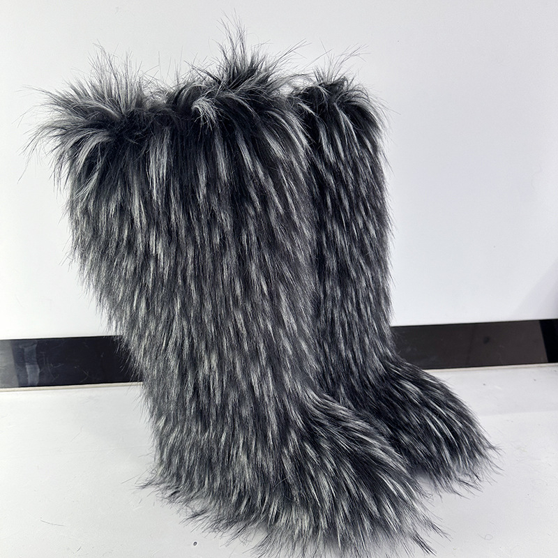 Ženske pahuljaste zimske čizme, visok vrh, umjetna krzna, gumeni potplat