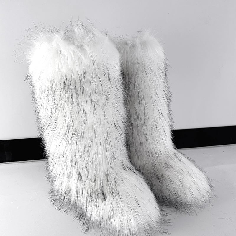 Ženske pahuljaste zimske čizme, visok vrh, umjetna krzna, gumeni potplat