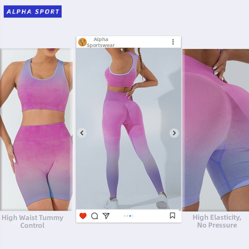 Dámsky jóga set s gradientným bezšvovým dizajnom, odvádzanie vlhkosti; dlhý rukáv top s integrovanou podprsenkou; nohavice alebo šortky; 60% nylon, 6% elastán, 34% polyester