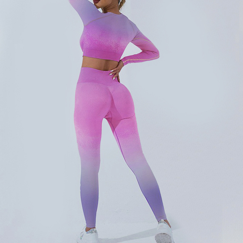 женски йога комплект: градиентен безшевен дизайн, влагоотвеждаща материя; дълъг ръкав топ с вграден сутиен; долна част: шорти или панталони; 60% найлон, 6% спандекс, 34% полиестер