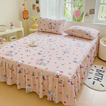 Háromrészes ágytakaró készlet: ágytakaró (szoknya), ágyneműhuzat és matracvédő, virágos mintázat, kémiai rost, sima szövés, reaktív nyomtatás és festés, modern minimalista stílus.