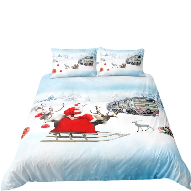 Trys dalių patalynės komplektas su Kalėdų Senelio ir elnio 3D skaitmenine spauda, Peach skin audinys, 100% cheminės pluoštai