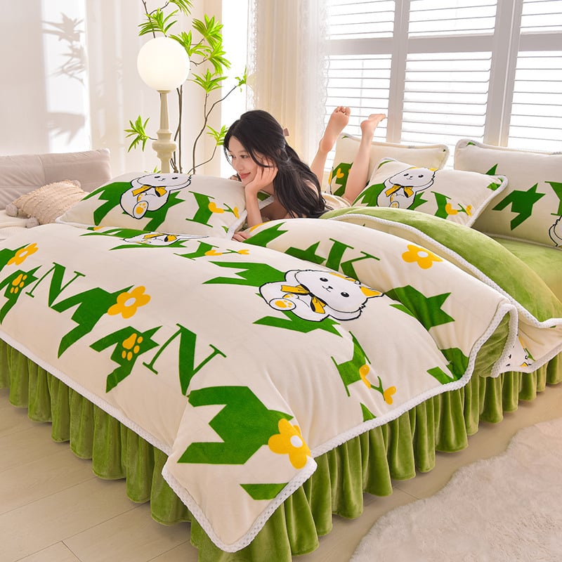 Négy darabos ágyneműhuzat-készlet: flanel, tej velvet, kétszínű fleece, korall fleece – téli melegség