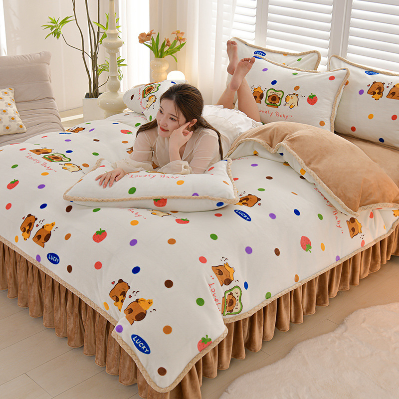 Négy darabos ágyneműhuzat-készlet: flanel, tej velvet, kétszínű fleece, korall fleece – téli melegség