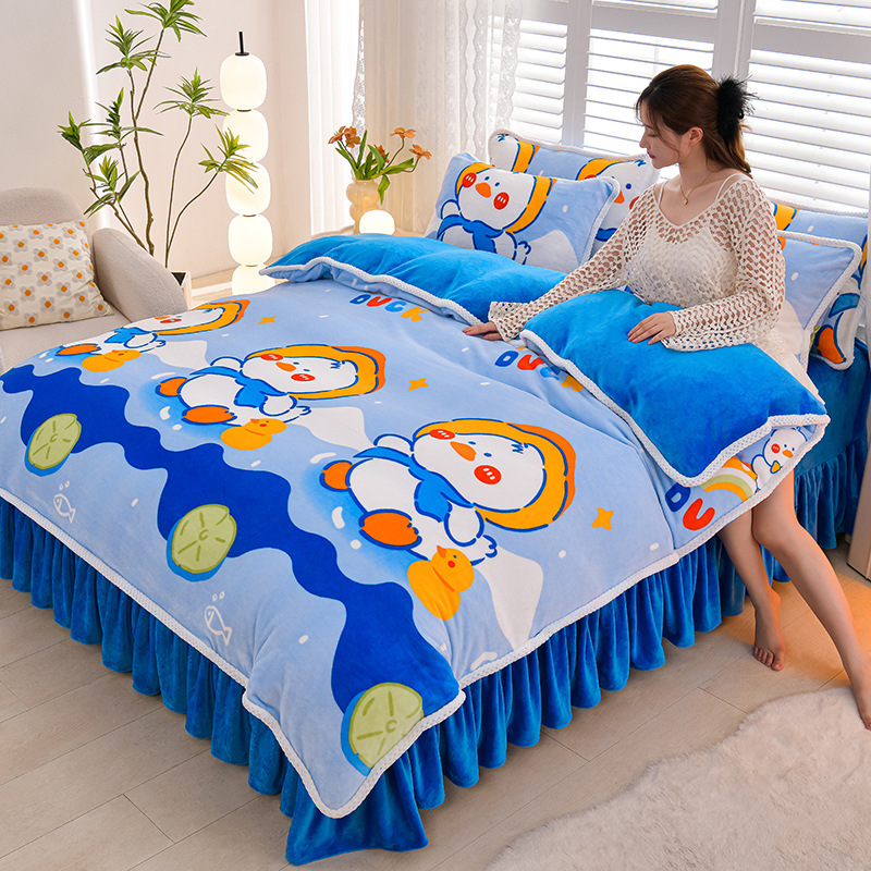 Négy darabos ágyneműhuzat-készlet: flanel, tej velvet, kétszínű fleece, korall fleece – téli melegség