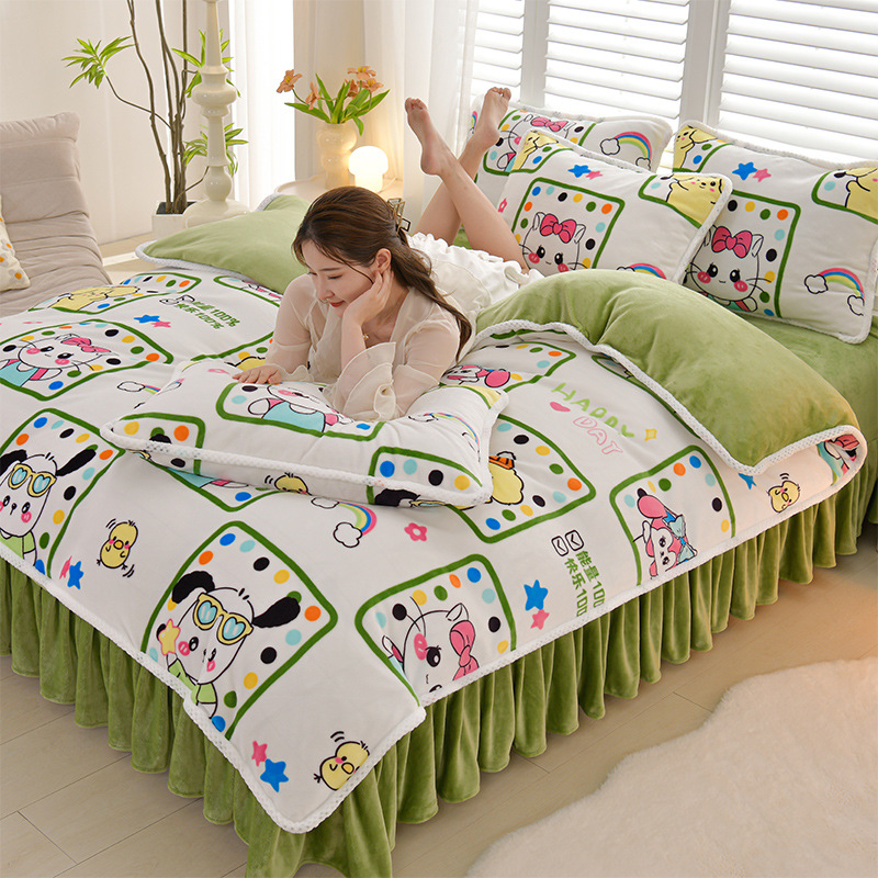 Négy darabos ágyneműhuzat-készlet: flanel, tej velvet, kétszínű fleece, korall fleece – téli melegség