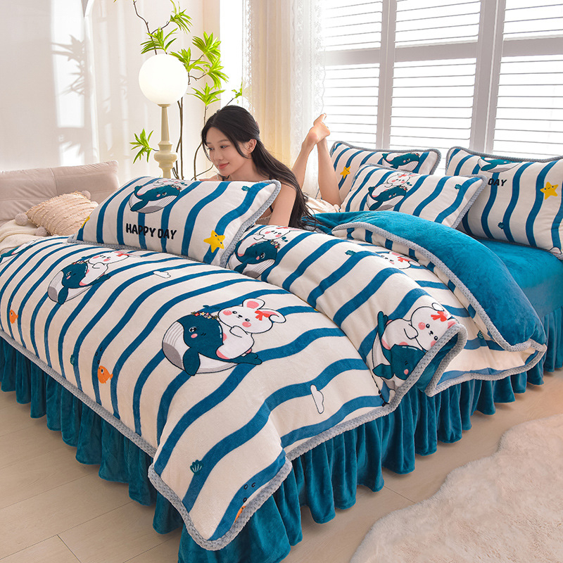 Négy darabos ágyneműhuzat-készlet: flanel, tej velvet, kétszínű fleece, korall fleece – téli melegség