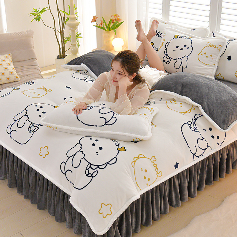 Négy darabos ágyneműhuzat-készlet: flanel, tej velvet, kétszínű fleece, korall fleece – téli melegség