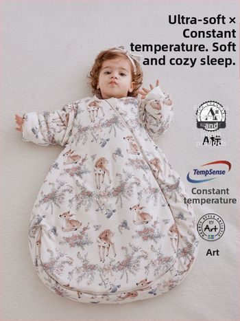 Dječja vreća za spavanje, debela, oblačni stil, vanjski materijal 95% pamuk, podstava 95% pamuk, punilo kemijska vlakna, odvojivi rukavi, karikaturni uzorak, antibakterijski i regulira temperaturu