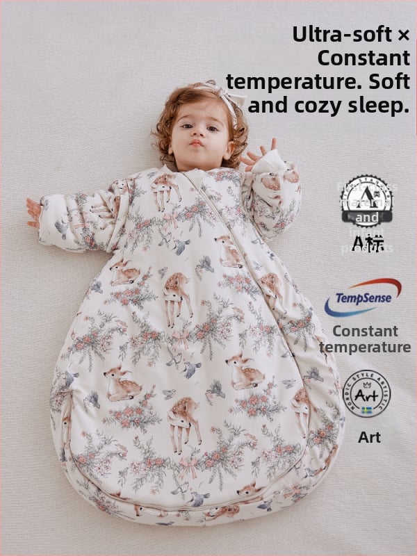 Dječja vreća za spavanje, debela, oblačni stil, vanjski materijal 95% pamuk, podstava 95% pamuk, punilo kemijska vlakna, odvojivi rukavi, karikaturni uzorak, antibakterijski i regulira temperaturu