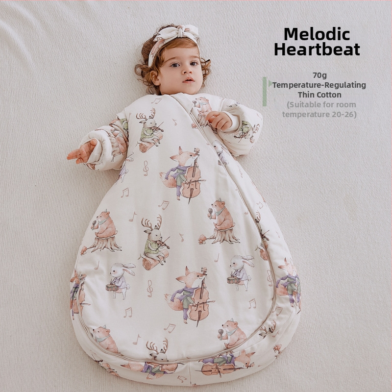 Dječja vreća za spavanje, debela, oblačni stil, vanjski materijal 95% pamuk, podstava 95% pamuk, punilo kemijska vlakna, odvojivi rukavi, karikaturni uzorak, antibakterijski i regulira temperaturu