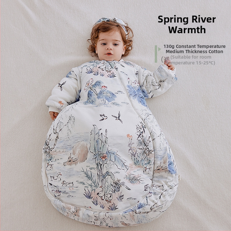Dječja vreća za spavanje, debela, oblačni stil, vanjski materijal 95% pamuk, podstava 95% pamuk, punilo kemijska vlakna, odvojivi rukavi, karikaturni uzorak, antibakterijski i regulira temperaturu