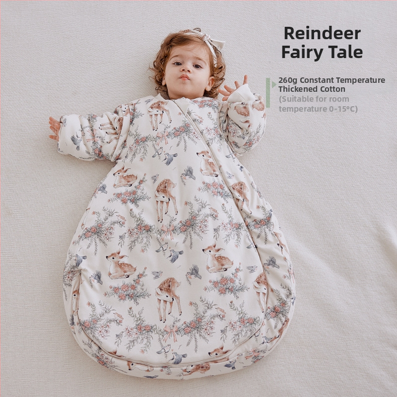 Dječja vreća za spavanje, debela, oblačni stil, vanjski materijal 95% pamuk, podstava 95% pamuk, punilo kemijska vlakna, odvojivi rukavi, karikaturni uzorak, antibakterijski i regulira temperaturu