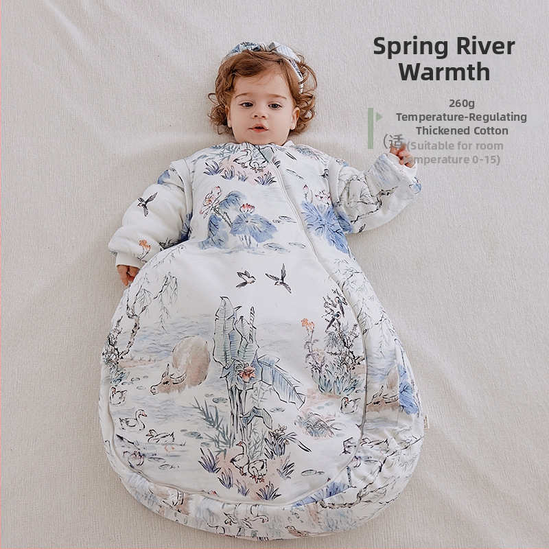 Dječja vreća za spavanje, debela, oblačni stil, vanjski materijal 95% pamuk, podstava 95% pamuk, punilo kemijska vlakna, odvojivi rukavi, karikaturni uzorak, antibakterijski i regulira temperaturu