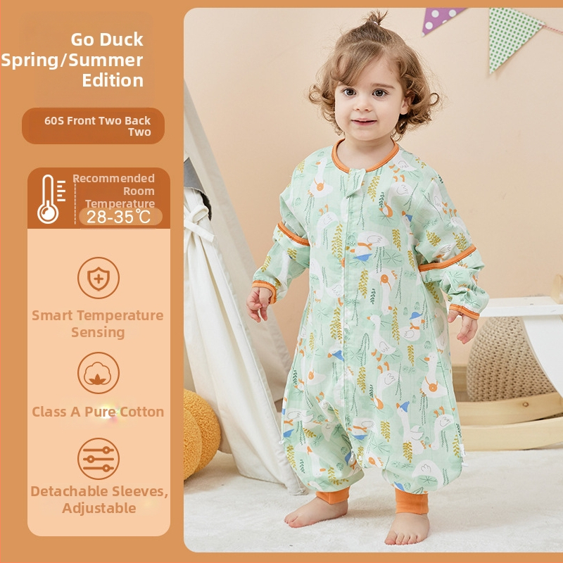 Kūdikio miego maišas iš marle su atskirtomis kojomis, visiems metų laikams, antibakterinis, drėgmę šalinantis, su nuimamomis rankovėmis